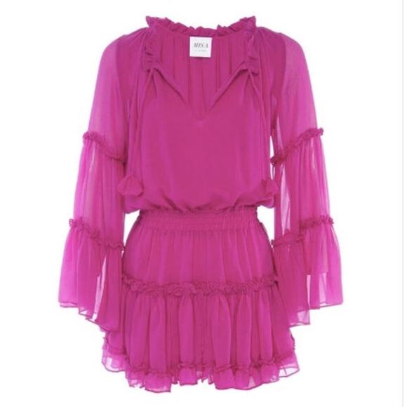 MISA Leeva Pink Ruffle Mini Dress Romantic Boho Coquette Cottagecore Vacation - Picture 2 of 16